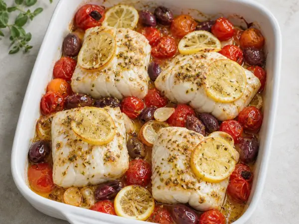 Greek Lemon Herb Cod with Tomatoes and Olives, finished dish