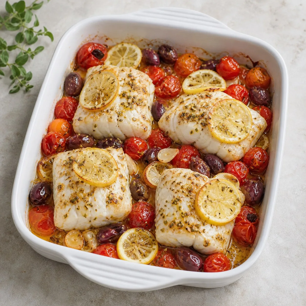 Greek Lemon Herb Cod with Tomatoes and Olives, finished dish