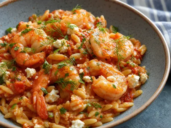 Shrimp saganaki with tomato, feta and orzo