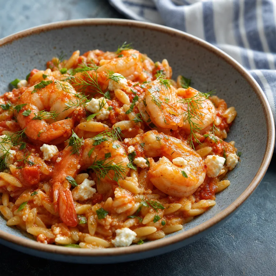 Shrimp saganaki with tomato, feta and orzo