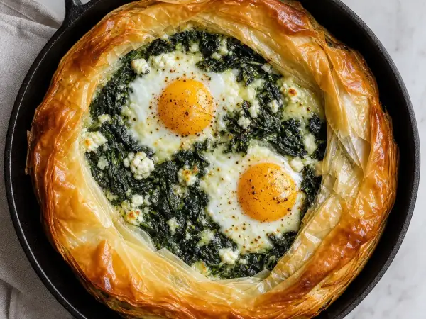 Spinach feta phyllo skillet with baked eggs