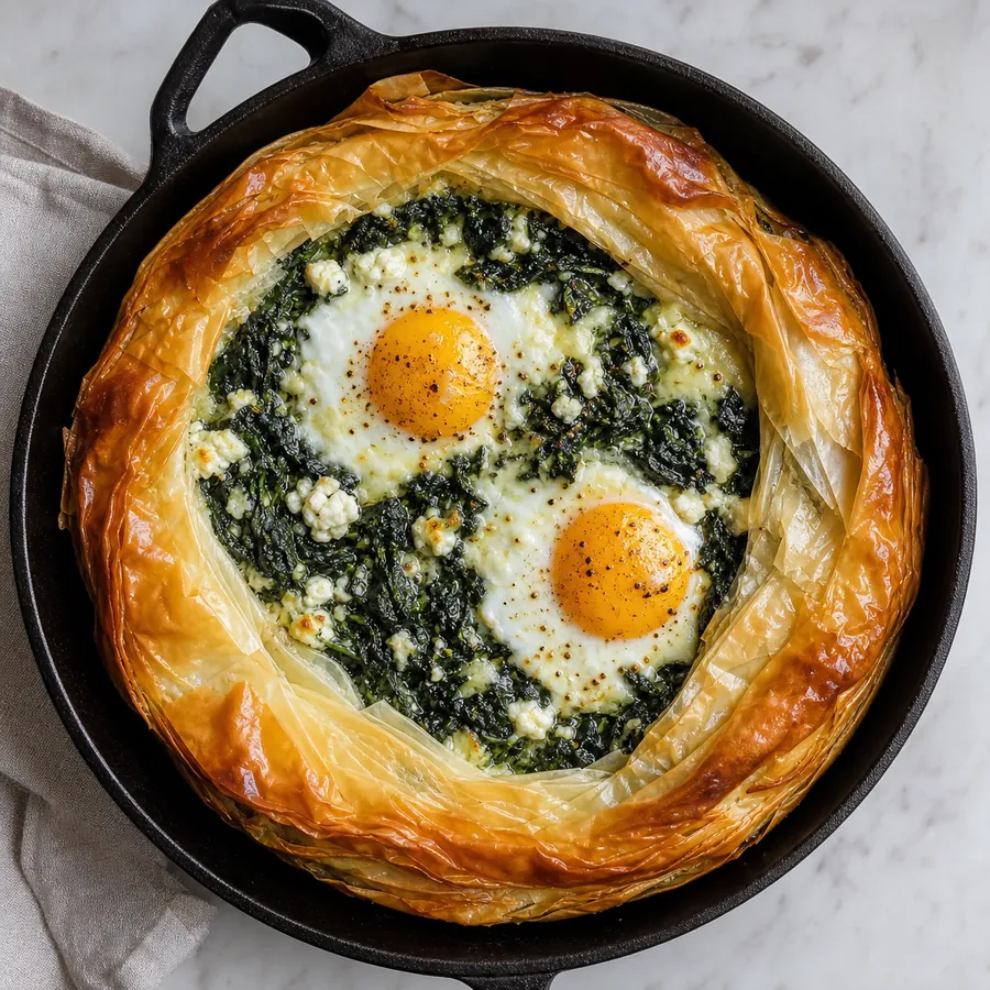 Spinach feta phyllo skillet with baked eggs