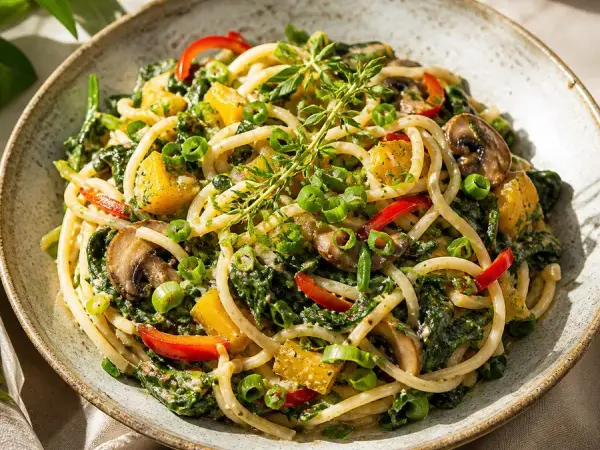 Grenadian Callaloo Coconut Noodles, finished dish
