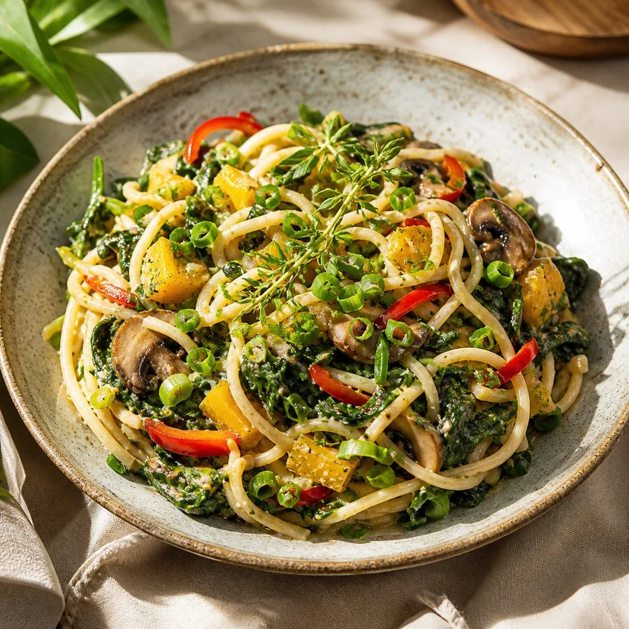 Grenadian Callaloo Coconut Noodles, finished dish