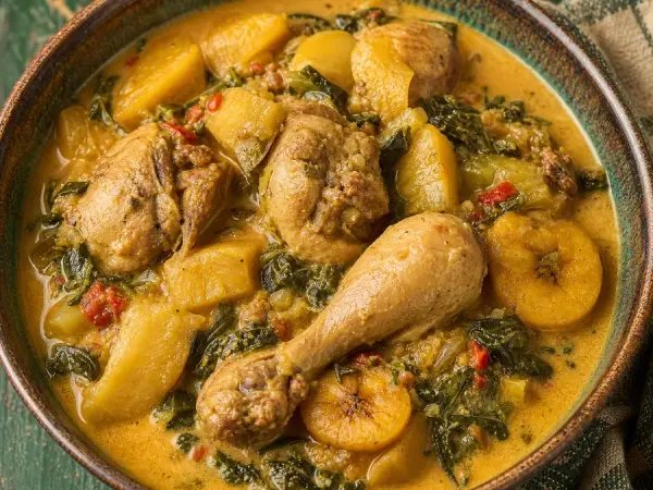 Coconut chicken with plantain, greens and vegetables in a deep pot