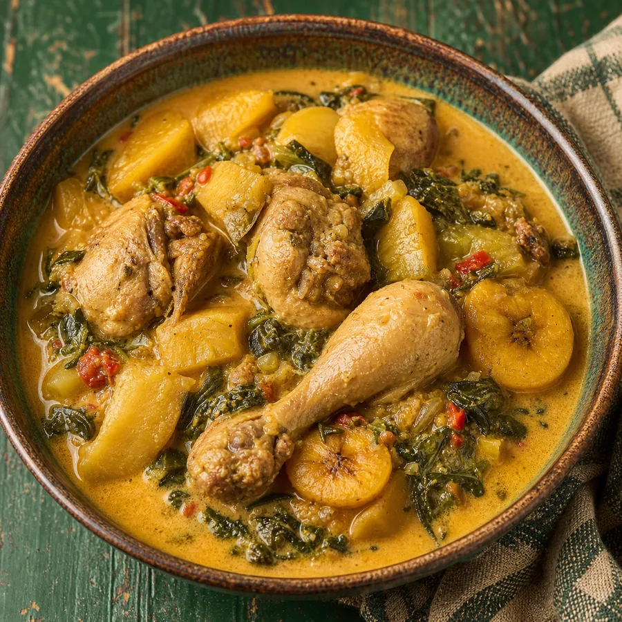 Coconut chicken with plantain, greens and vegetables in a deep pot