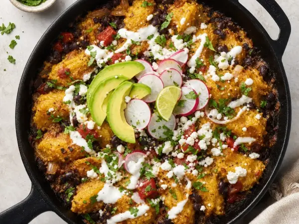 Guatemalan Black Bean Tamalitos Skillet, finished dish