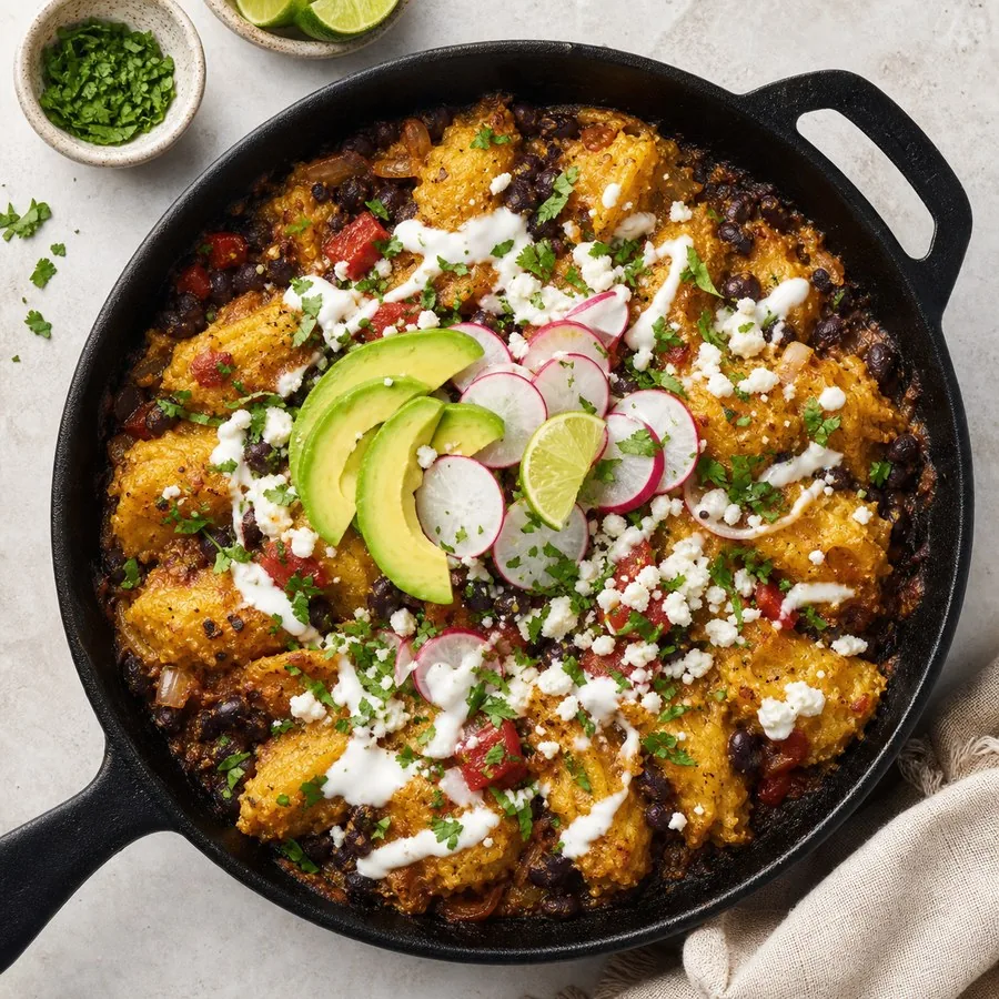 Guatemalan Black Bean Tamalitos Skillet, finished dish
