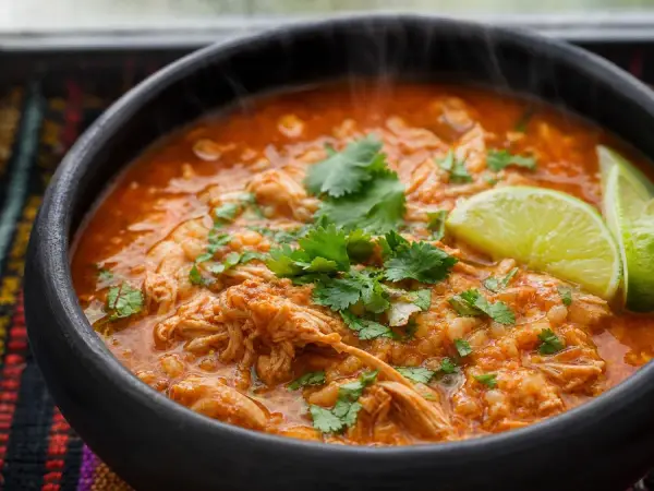 Red turkey soup with tomato, herbs and lime