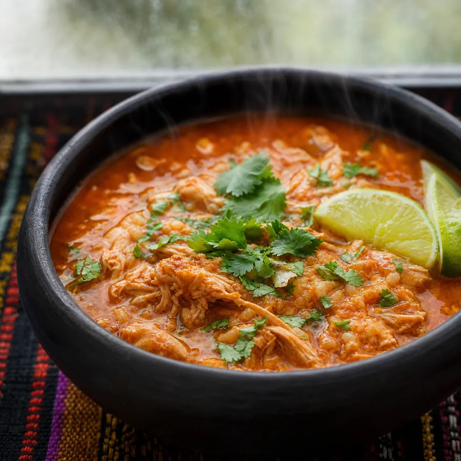 Red turkey soup with tomato, herbs and lime