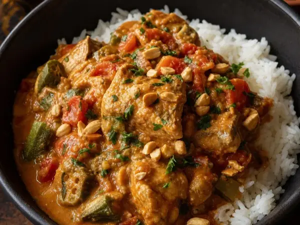 Guinean Peanut Fish Stew, plated as a finished dinner