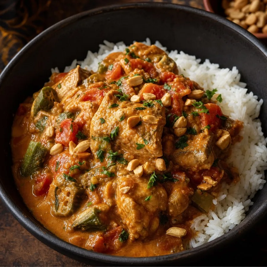 Guinean Peanut Fish Stew, plated as a finished dinner
