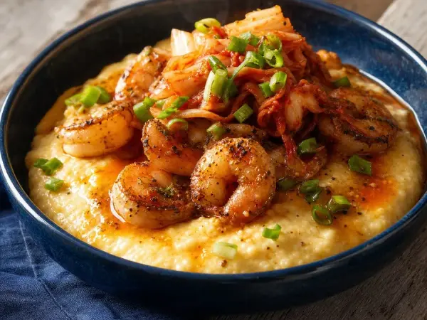 Gulf Coast Kimchi Shrimp Grits, finished dish