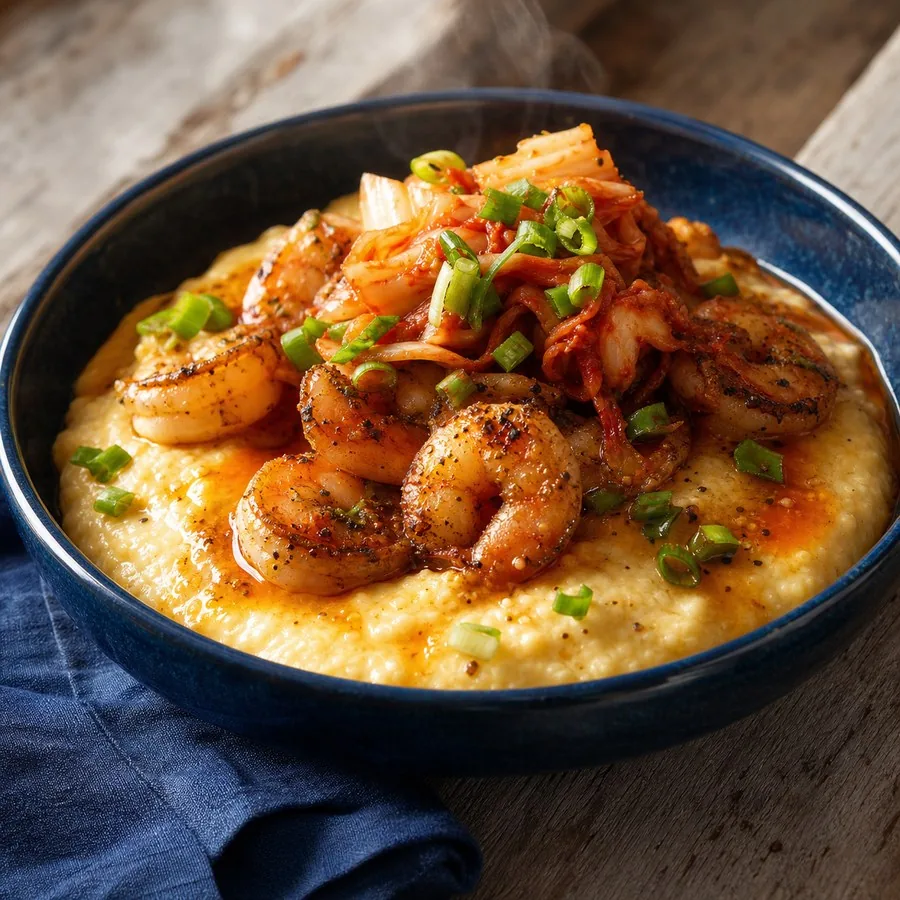Gulf Coast Kimchi Shrimp Grits, finished dish