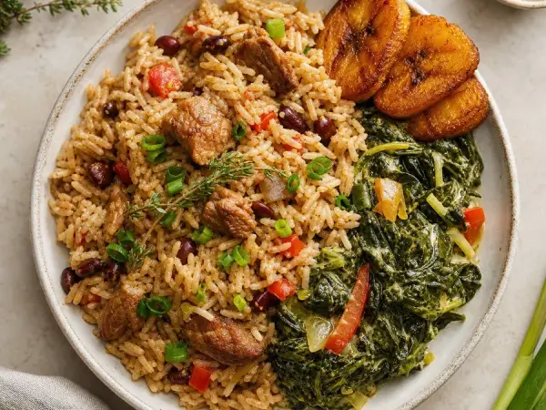 Guyanese Cook-Up Rice with Coconut Greens, finished dish