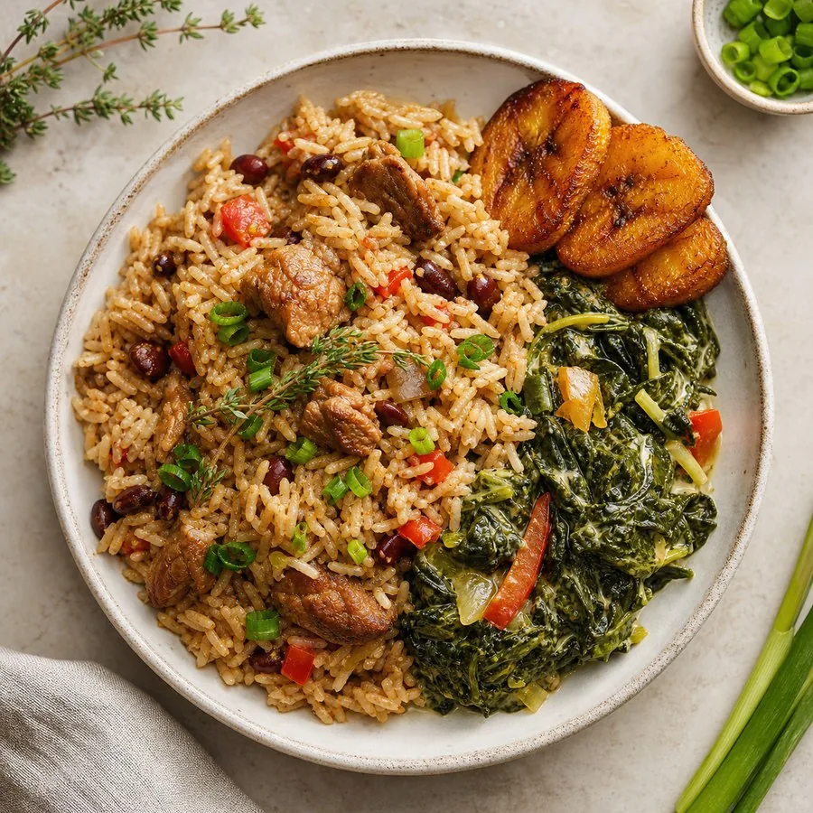 Guyanese Cook-Up Rice with Coconut Greens, finished dish