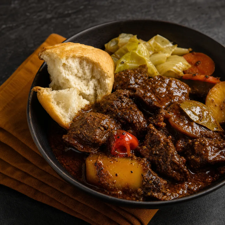 Dark spiced beef stew with cassava bread and fresh herbs