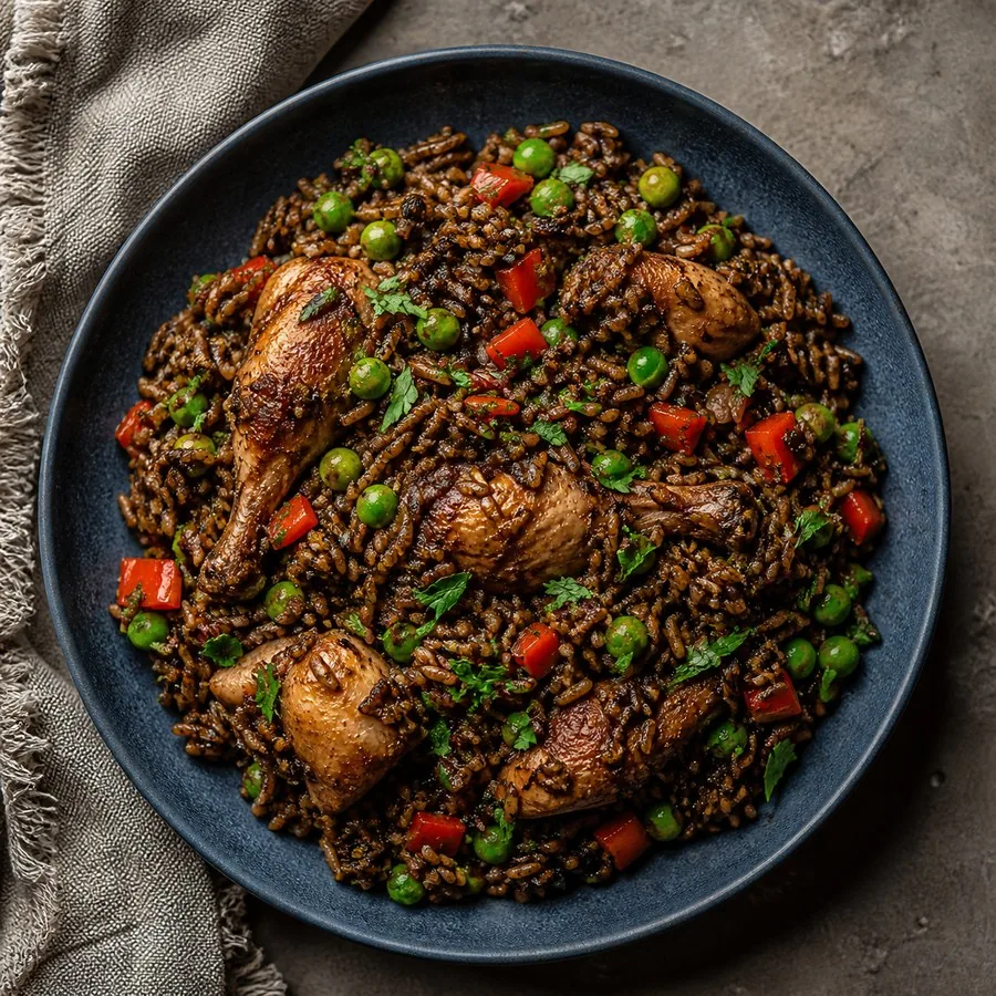Haitian Djon Djon Mushroom Rice, finished dish