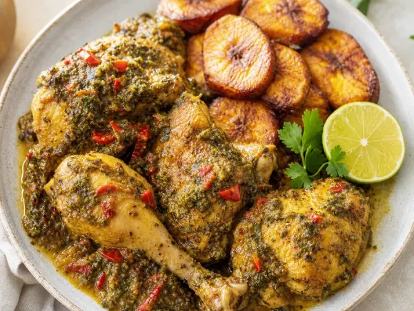 Haitian Epis Chicken with Plantains, finished dish