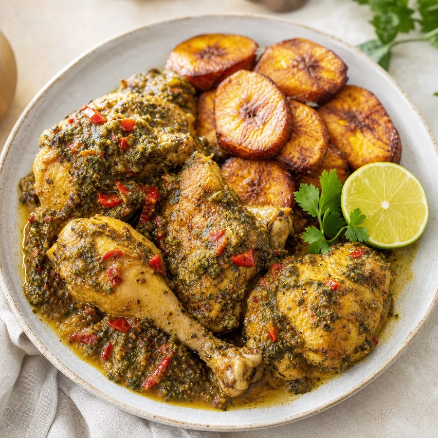 Haitian Epis Chicken with Plantains, finished dish