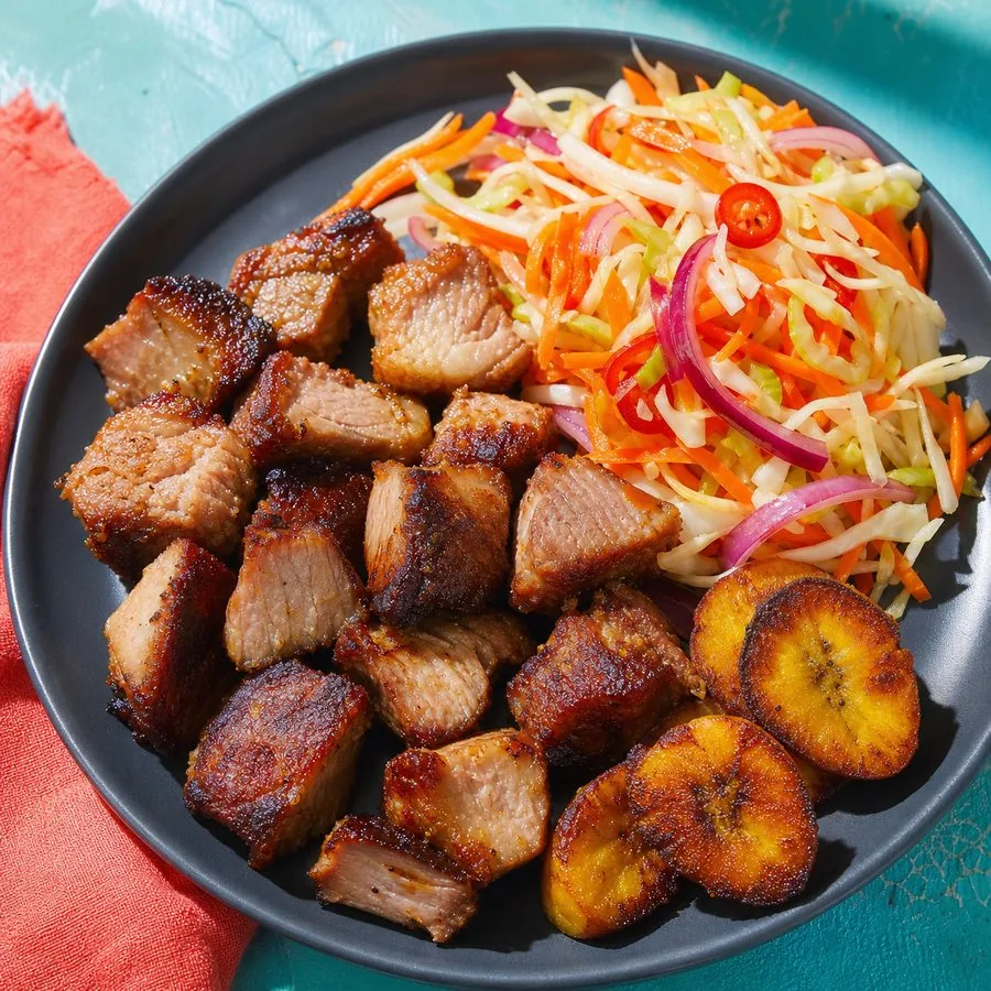 Haitian Griot-Inspired Pork with Citrus Pikliz, finished dish