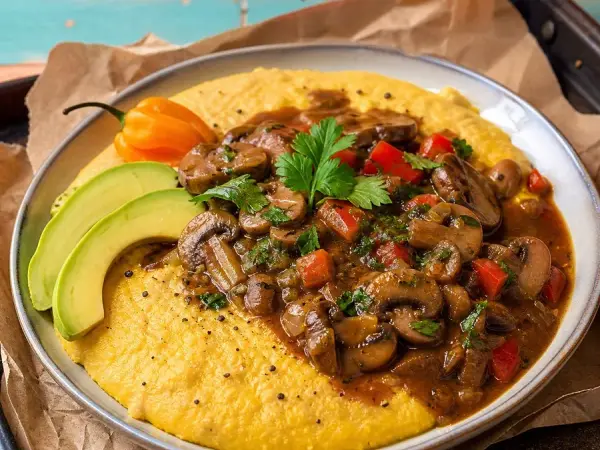 Haitian Mayi Moulen with Mushroom Ragout, finished dish