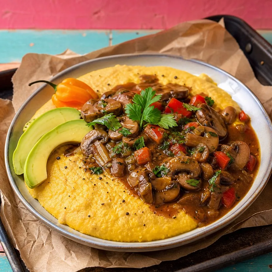 Haitian Mayi Moulen with Mushroom Ragout, finished dish