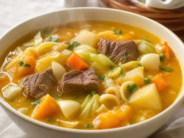 Golden pumpkin soup with beef, cabbage and vegetables