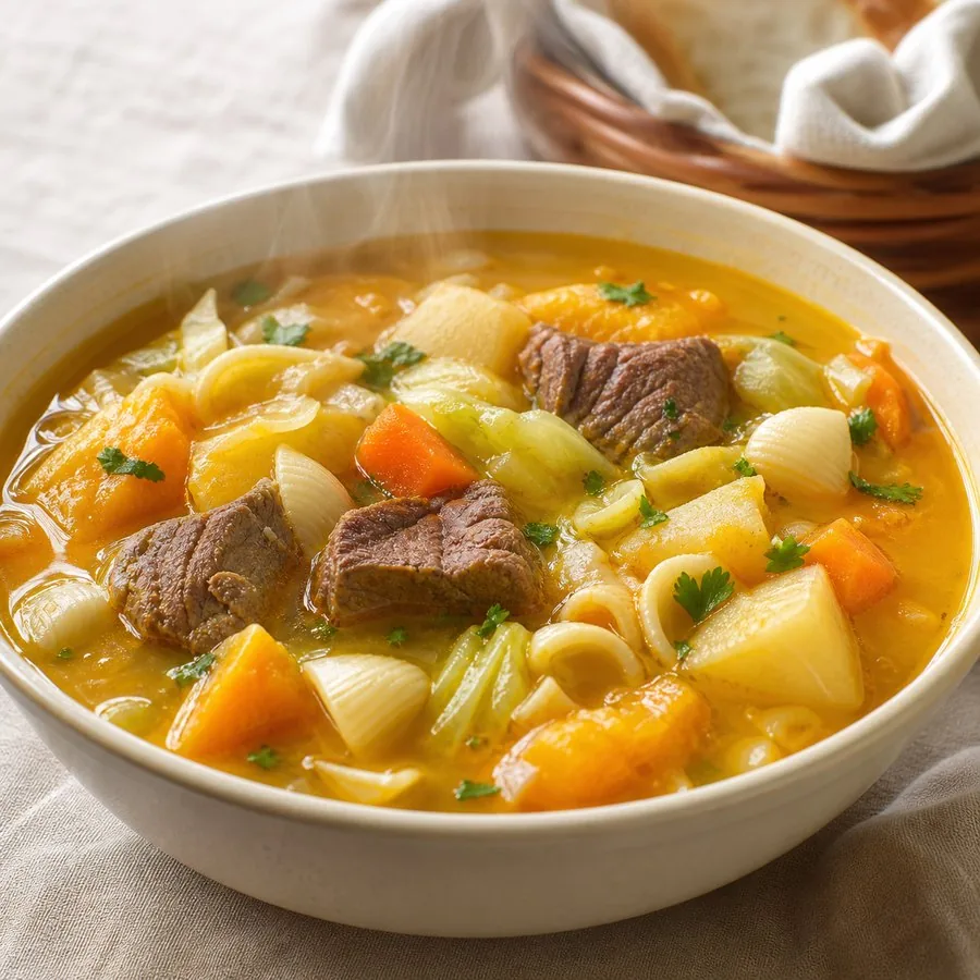 Golden pumpkin soup with beef, cabbage and vegetables