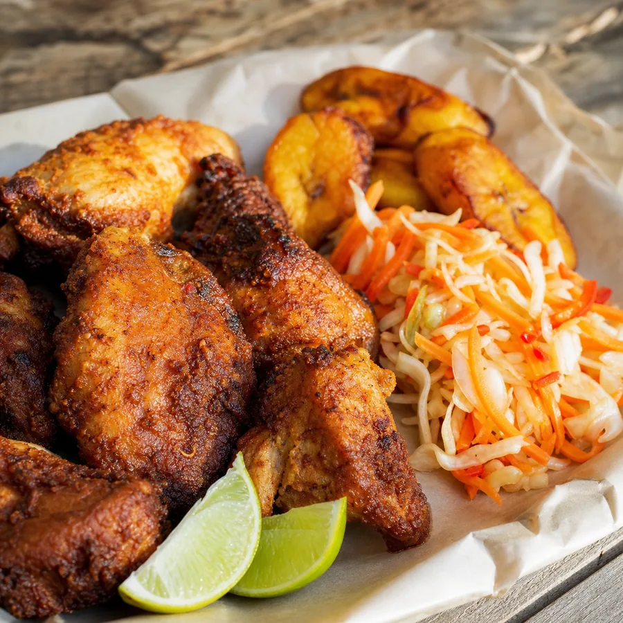 Crisp lime chicken with cabbage-carrot pikliz and fried plantain