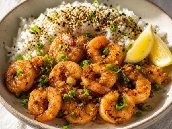 Hawaiian Garlic Shrimp with Furikake Rice, finished dish