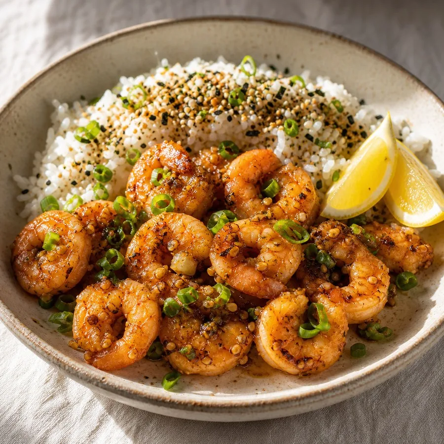 Hawaiian Garlic Shrimp with Furikake Rice, finished dish