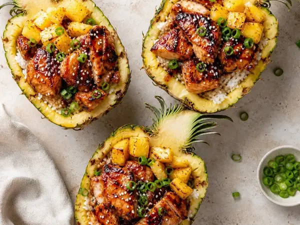 Hawaiian Huli Huli Chicken Pineapple Bowls, finished dish