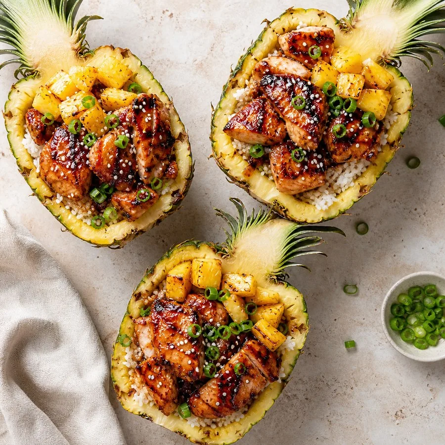 Hawaiian Huli Huli Chicken Pineapple Bowls, finished dish