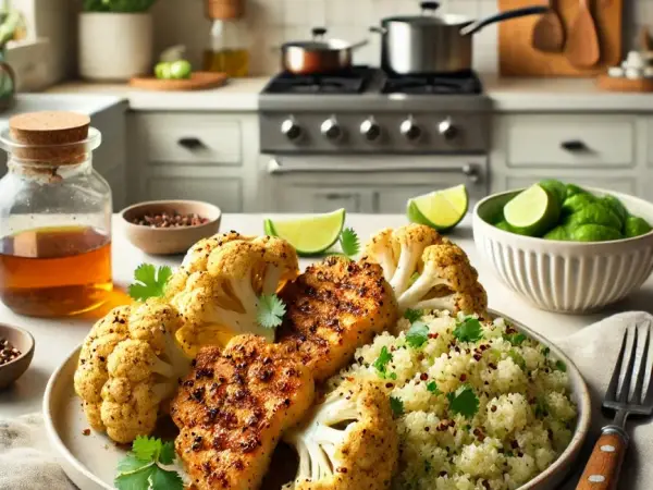 Honey Chipotle Cauliflower Steak with Cilantro Lime Quinoa, finished dish