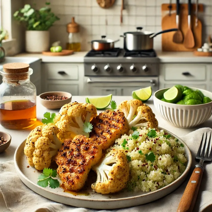 Honey Chipotle Cauliflower Steak with Cilantro Lime Quinoa, finished dish