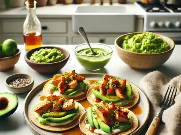 Honey Chipotle Chicken Tostadas with Avocado Crema, finished dish