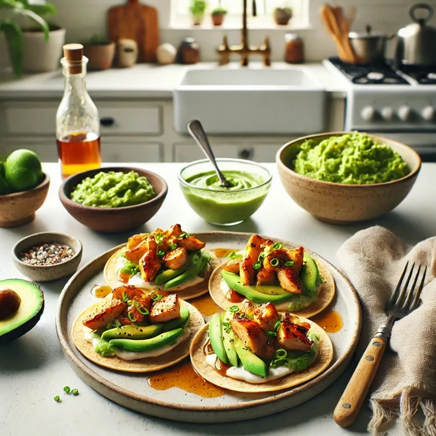 Honey Chipotle Chicken Tostadas with Avocado Crema, finished dish