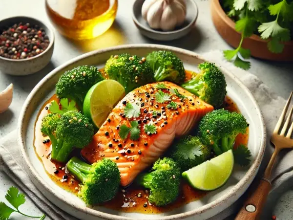Honey Sriracha Salmon with Garlic Lime Broccoli, finished dish
