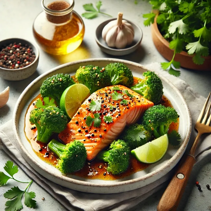 Honey Sriracha Salmon with Garlic Lime Broccoli, finished dish