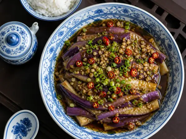 Hunan Steamed Eggplant with Garlic and Rice, finished dish