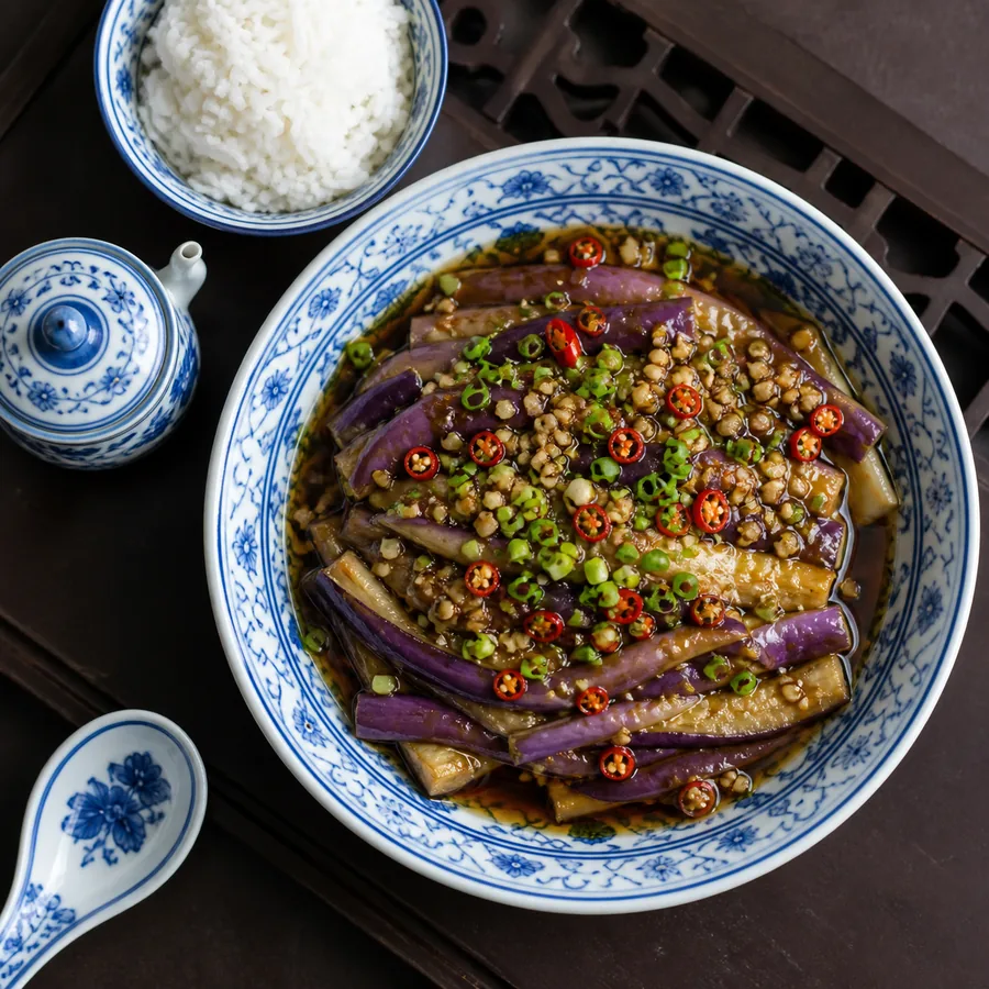 Hunan Steamed Eggplant with Garlic and Rice, finished dish