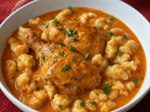 Hungarian chicken paprikash with dumplings and parsley