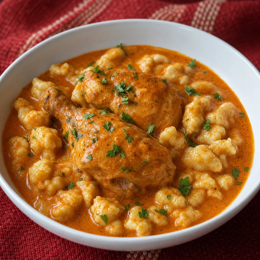 Hungarian chicken paprikash with dumplings and parsley