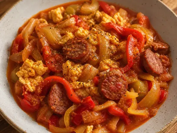 Hungarian Lecsó with Egg and Sausage, finished dish