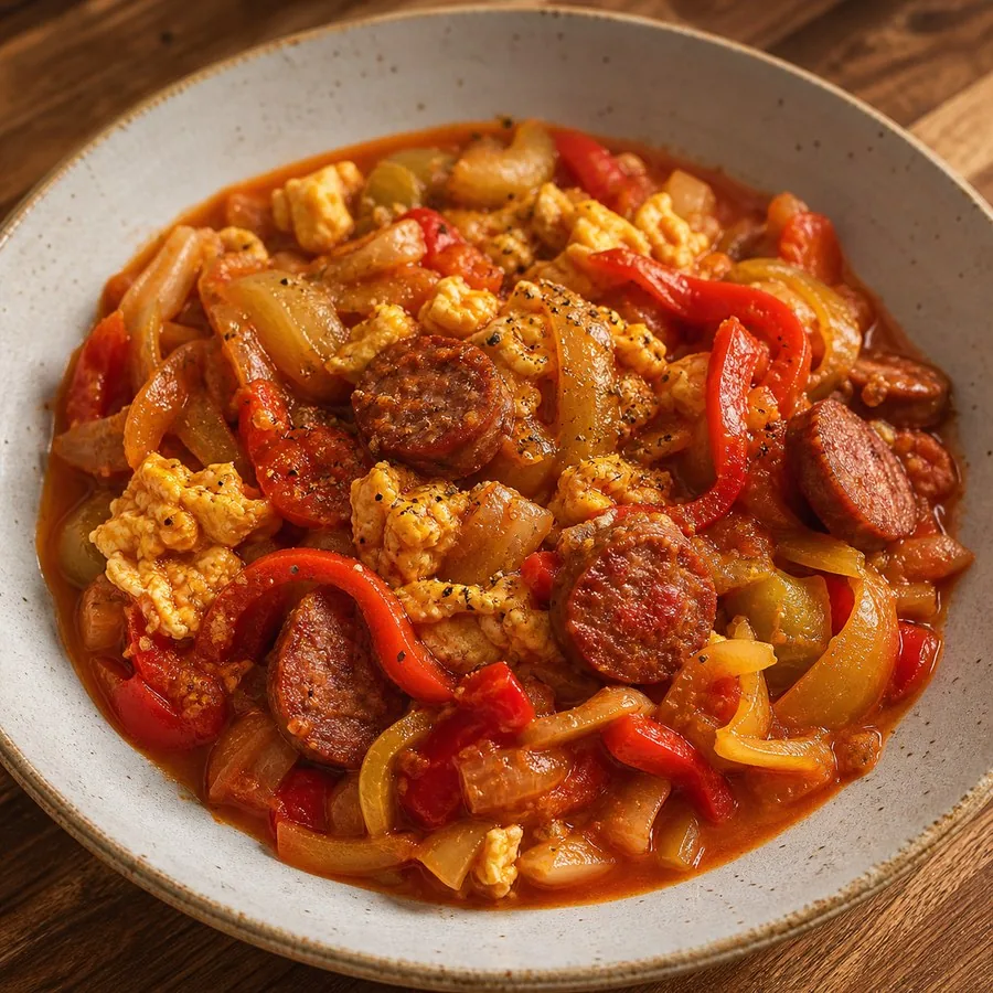 Hungarian Lecsó with Egg and Sausage, finished dish