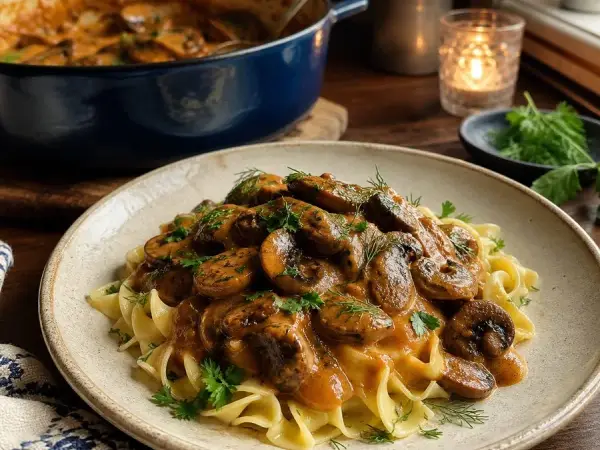 Hungarian Mushroom Paprikash with Buttered Noodles, finished dish