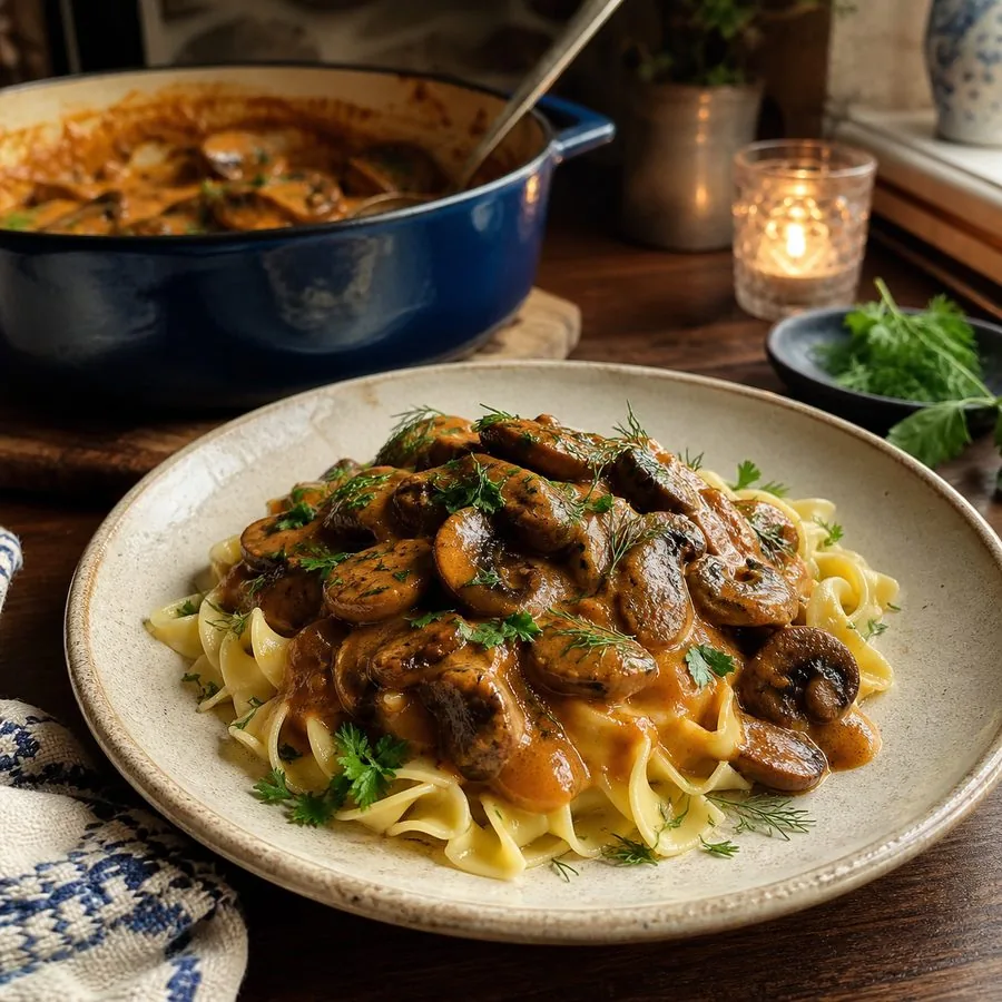 Hungarian Mushroom Paprikash with Buttered Noodles, finished dish