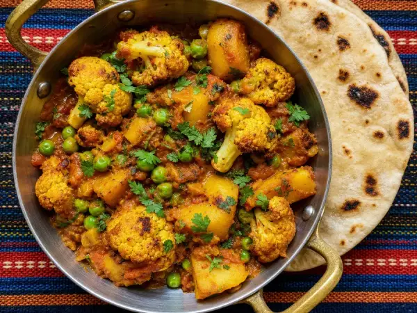 Indian Aloo Gobi with Flatbread, finished dish