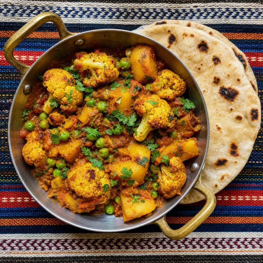 Indian Aloo Gobi with Flatbread, finished dish